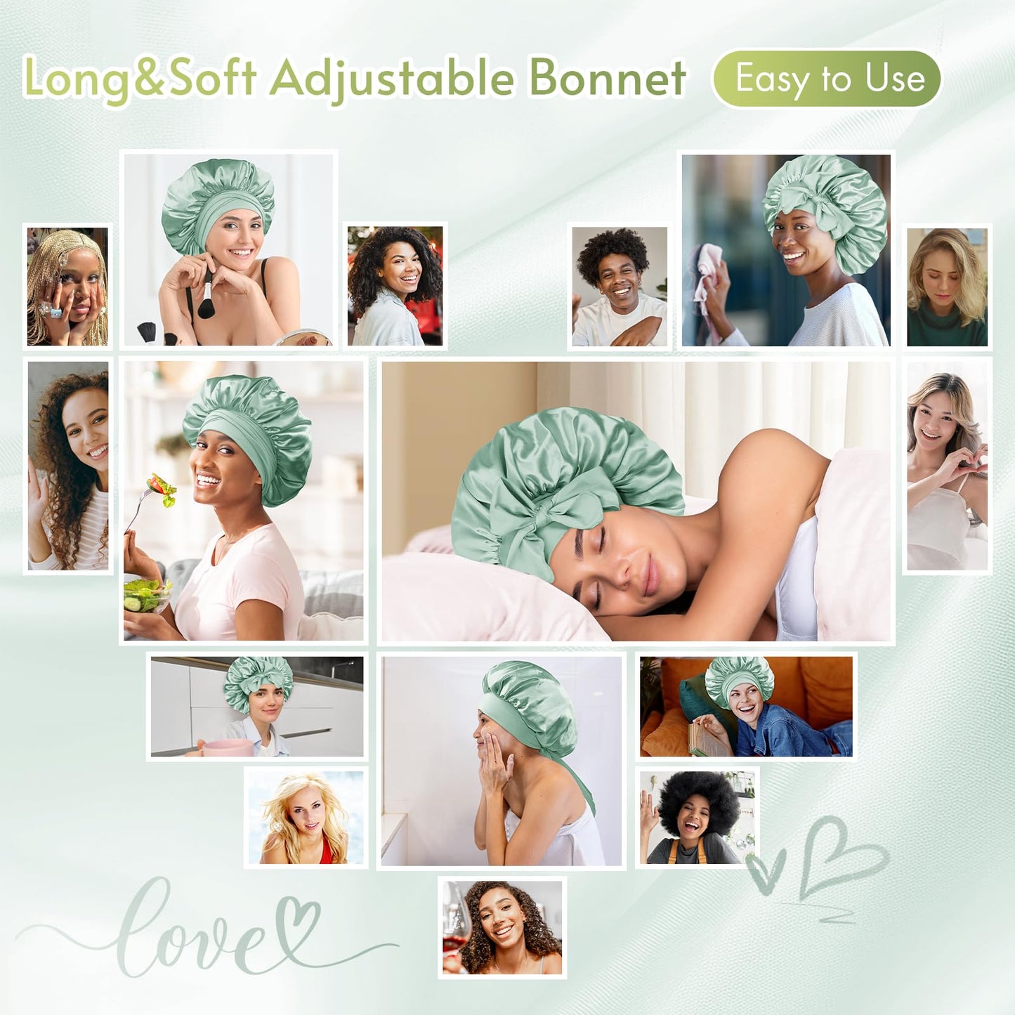 BONNET QUEEN Double Layer Silk Bonnet for Sleeping for Women Satin Bonnet Night Cap for Curly Hair with Tie Band, Sage Green Beauty and Personal Care BONNET QUEEN