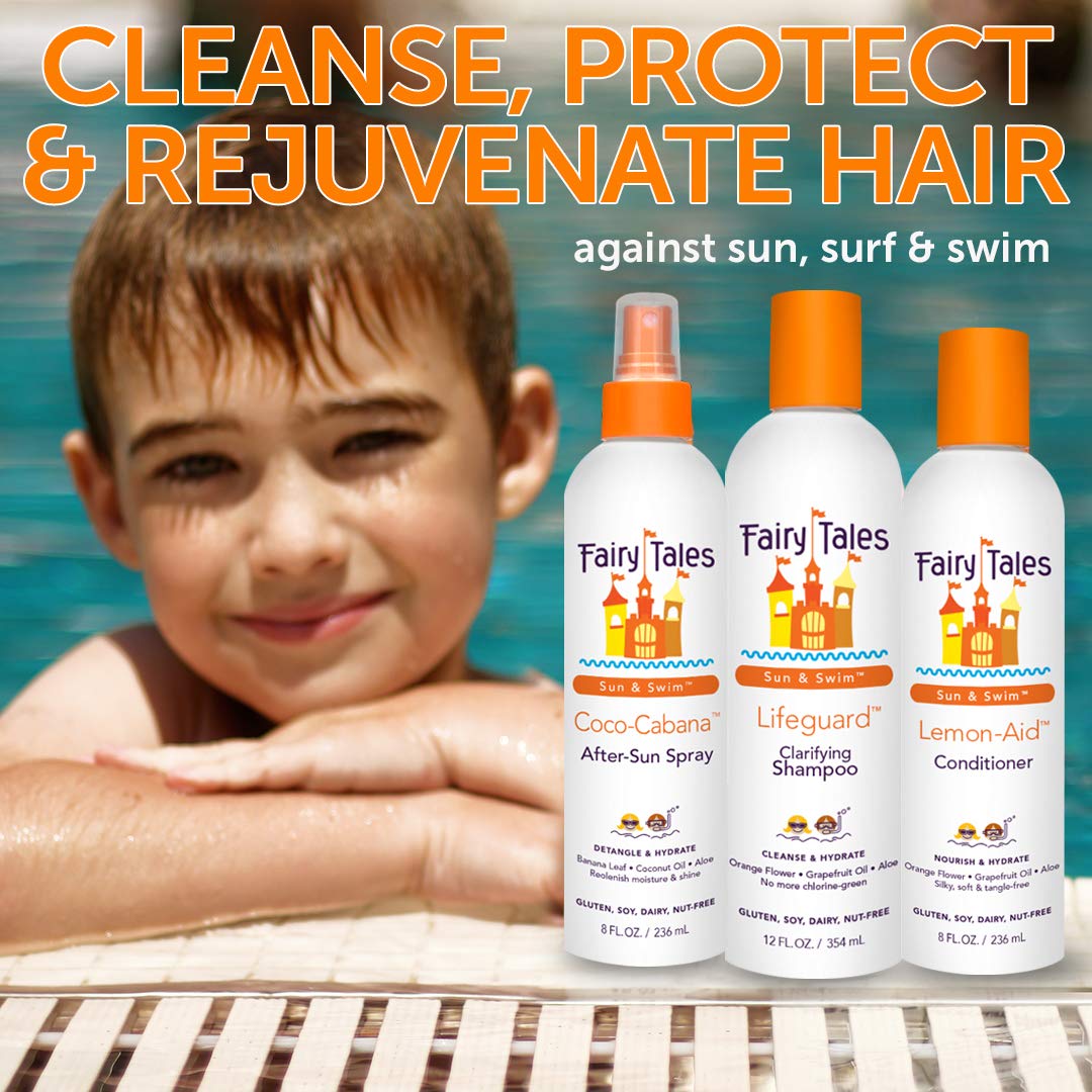 Fairy Tales Sun & Swim Travel Pack for Kids - 3.3oz Shampoo, Conditioner & Leave-In Spray Trio - TSA-Friendly Pool & Beach Vacation Set - Citrus Scent