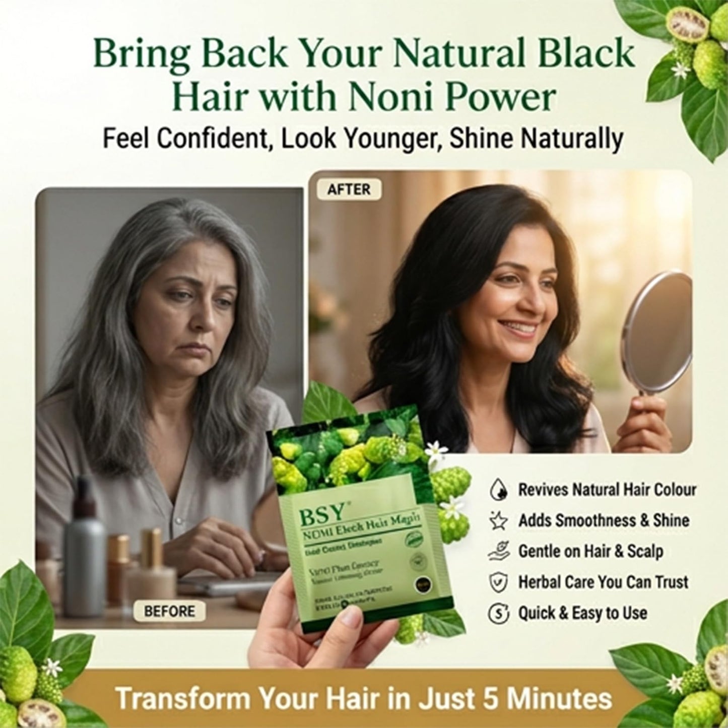 BSY Noni Black Hair Magic Hair Color Shampoo (12ml x 5 Sachets) | Ammonia-Free Permanent Noni Fruit Hair Dye | Natural Black Shade in 5 Minutes