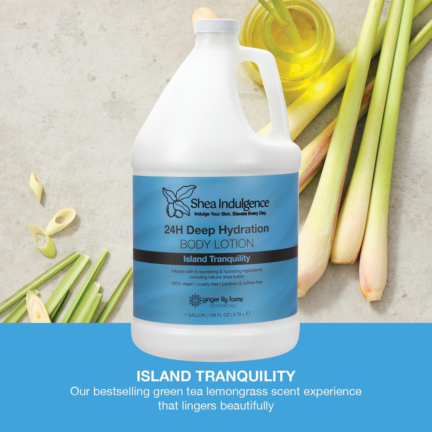 Ginger Lily Farms Botanicals Shea Indulgence 24H Deep Hydration Body Lotion, Island Tranquility, 100% Vegan & Cruelty-Free, Green Tea & Lemongrass