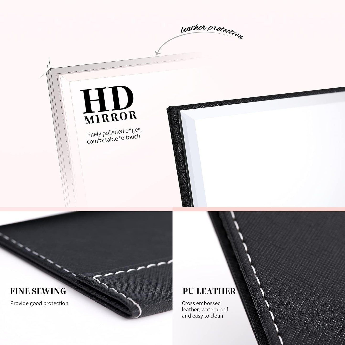 DUcare Folding Mirror Portable Travel PU Portable Adjustable Rectangular Ultrathin Vanity Mirror with Stand Black