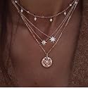 DoubleNine Multilayer Necklace Sun Star Golden Crescent Pendant Gold Medal Sequins Women Crystal Necklace Layered Delicate Collar Women Girls Bride