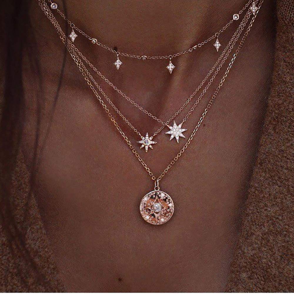 DoubleNine Multilayer Necklace Sun Star Golden Crescent Pendant Gold Medal Sequins Women Crystal Necklace Layered Delicate Collar Women Girls Bride