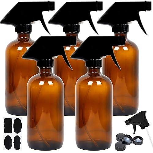 Youngever 5 Pack Empty Amber Glass Spray Bottles, 8 Ounce Refillable Container for Essential Oils, Cleaning Products, or Aromatherapy, Trigger Sprayer