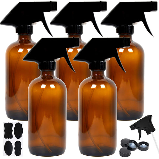 Youngever 5 Pack Empty Amber Glass Spray Bottles, 8 Ounce Refillable Container for Essential Oils, Cleaning Products, or Aromatherapy, Trigger Sprayer