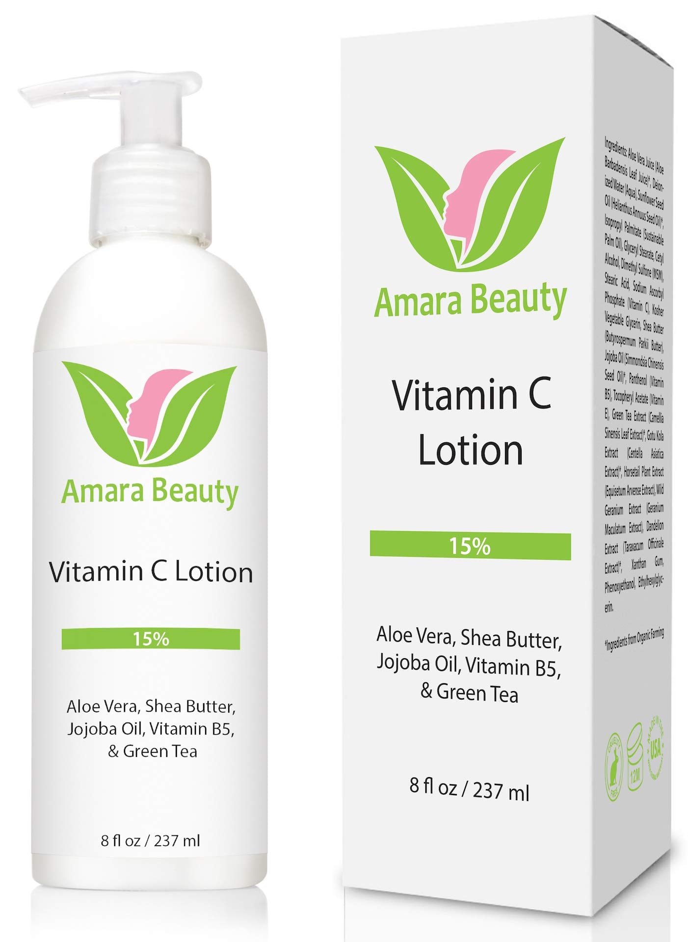 Amara Beauty Vitamin C Face & Body Lotion 15% - with Shea Butter & Jojoba Oil - 8 oz