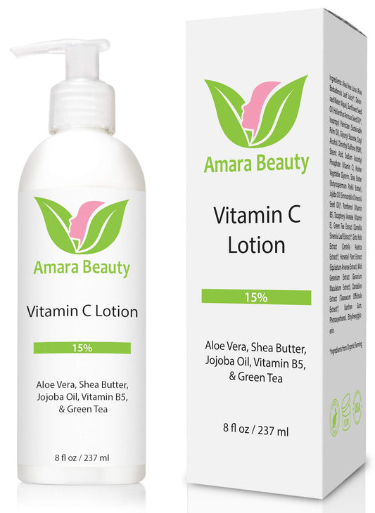 Amara Beauty Vitamin C Face & Body Lotion 15% - with Shea Butter & Jojoba Oil - 8 oz