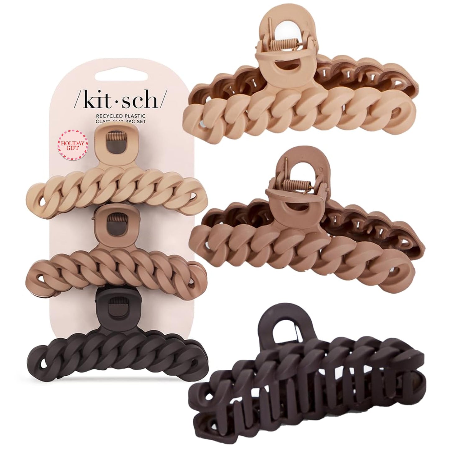 Kitsch Recycled Plastic Large Claw Clip, Big Chain Hair Clips for Women, Big Claw Clips for Thick Hair | Ideal Gifts for Women, (3pc Set Large