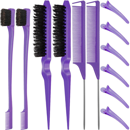 Remerry Nylon Hair Brush Set for Women & Girls, 12 Pieces Including 3 Row Salon Teasing Brushes, Double Sided Hair Edge Brush, Rat Tail Combs