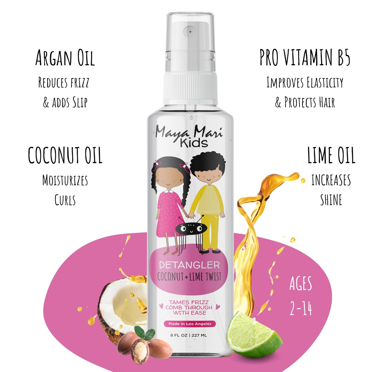 Maya Mari Kids Detangler Spray with Argan, Coconut and Lime Oils - Gentle Hair Detangler for Kids, Toddlers and Babies, 8 oz - No More Tangles, Ideal