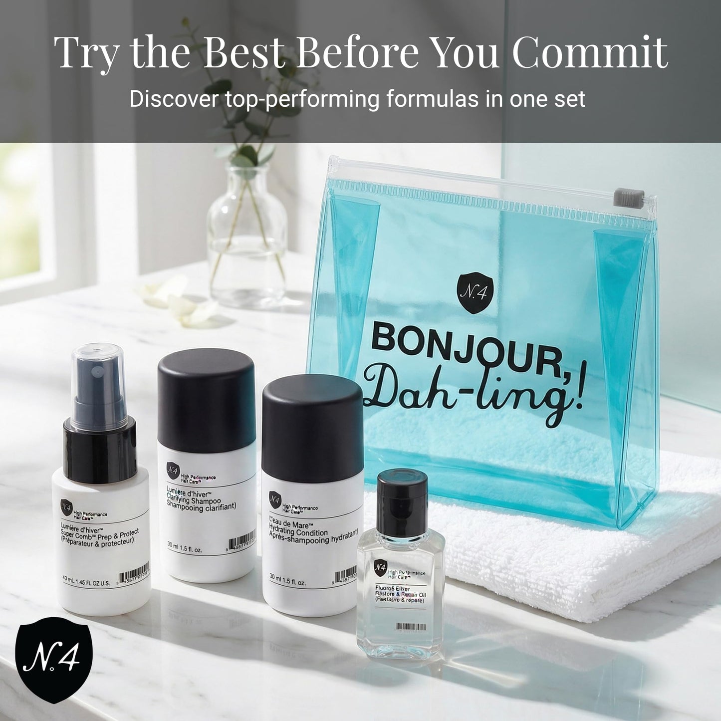 Number 4 Try Me Set - Daily Clarifying Shampoo 1.5oz, Hydrating Condition 1.5oz, Super Comb Prep & Protect 1.5oz, Fluoro5 Elixer Restore & Repair Oil
