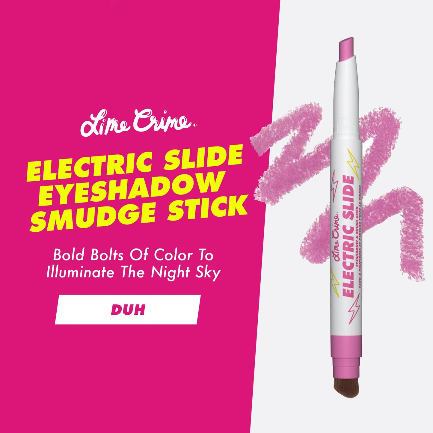 Lime Crime Electric Slide Eyeshadow & Brush Stick, DUH (Metallic Magenta) - Lightweight 2-in-1 Eyeshadow Smudge Stick with Angled Brush for Long