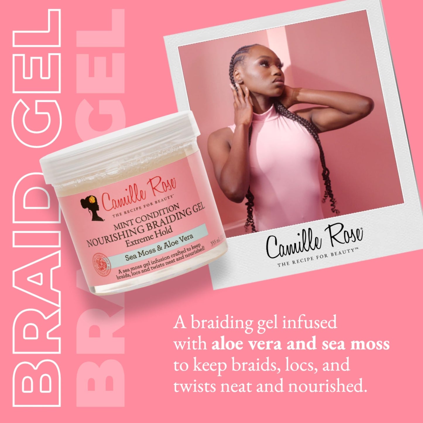 Camille Rose Braiding Gel, Mint Condition - Sea Moss & Aloe Vera Braid Gel for Dry, Itchy Scalp, Flake & Frizz Control, 12 Oz