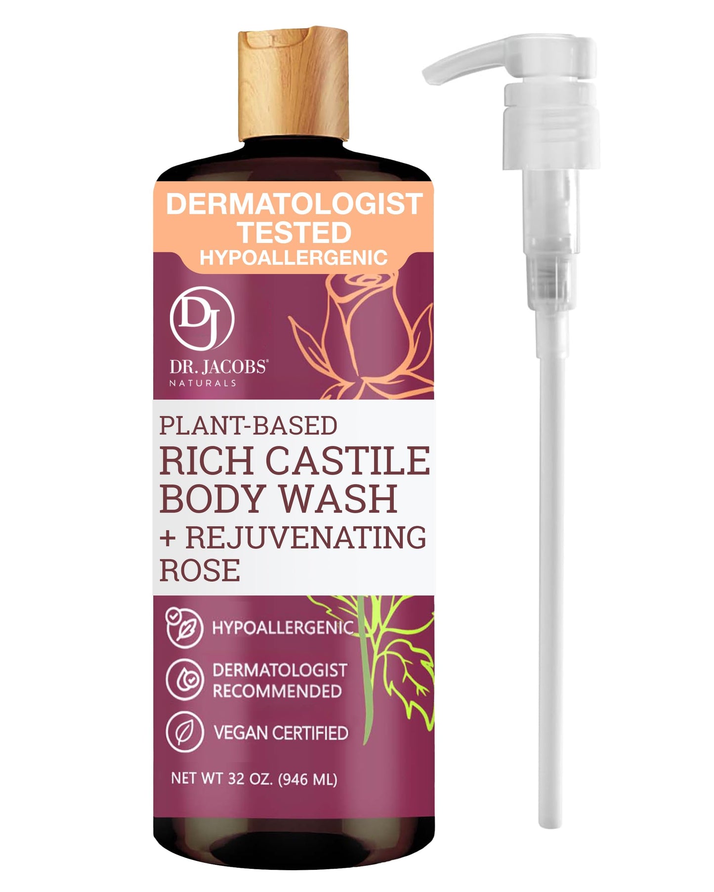 Dr. Jacobs Naturals Castile Rose All-Natural Body Wash for Moisturizing Dry and Sensitive Skin Shampoo with Plant-Based Ingredients Gluten