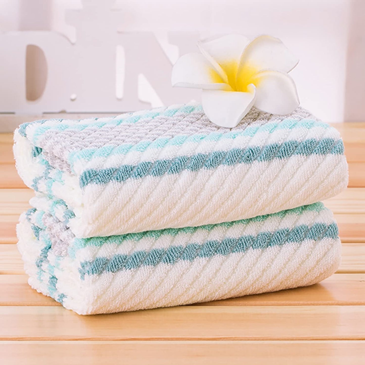 Pidada Hand Towels Set of 2 Striped Pattern 100% Cotton Soft Absorbent Decorative Towel for Bathroom (Green)