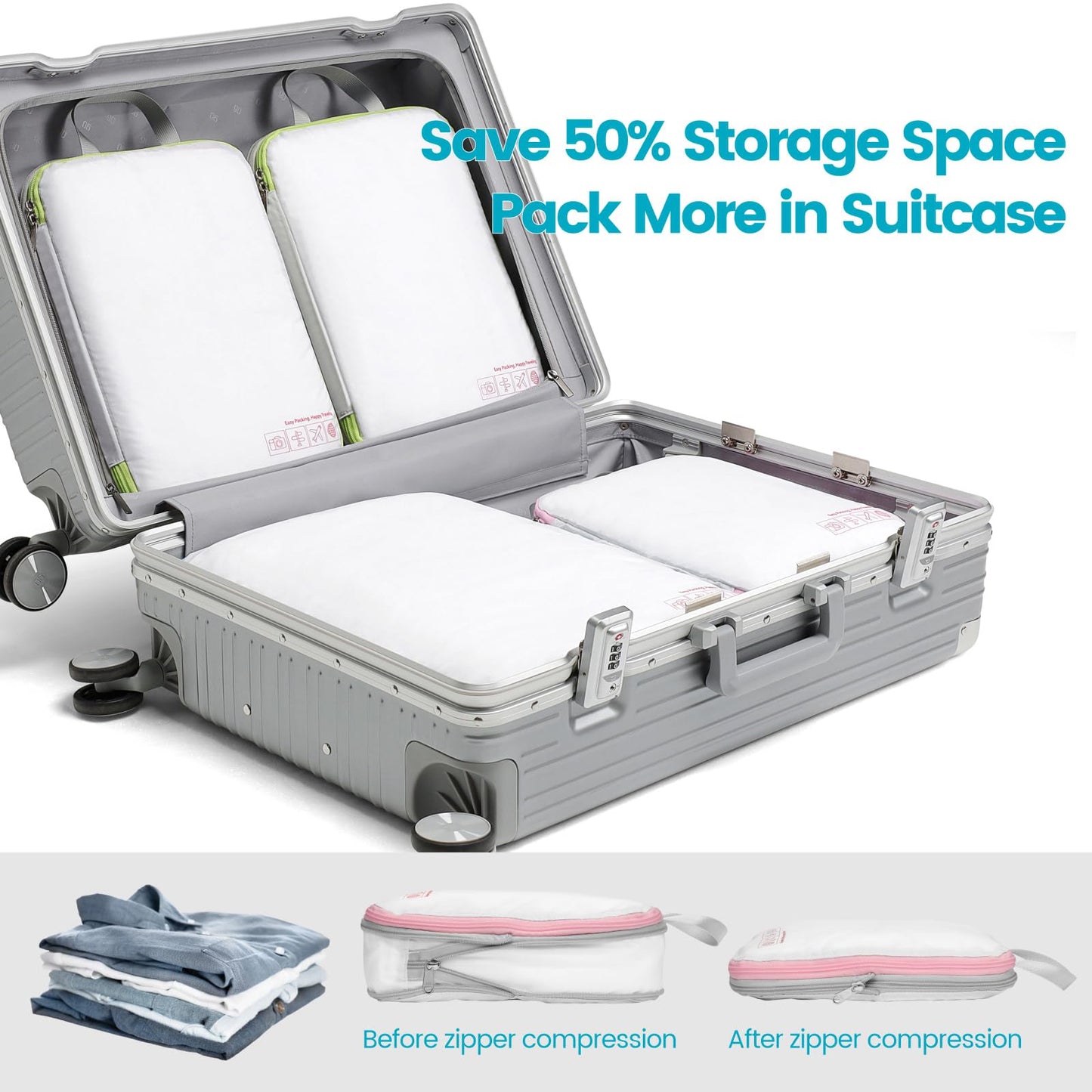 Cambond Compression Packing Cubes 4 Pack – Lightweight Expandable Luggage Organizers Travel Essentials Bags for Carry-On Suitcases, White