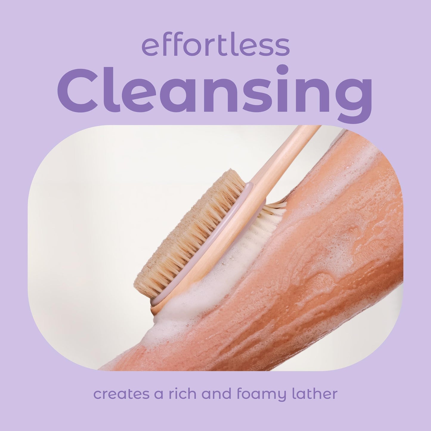 MainBasics Back Scrubber for Shower - Long Handle Dual-Sided Brush for Body Wash & Scrubbing with Exfoliating & Soft Bristles (Lavender, Wood)