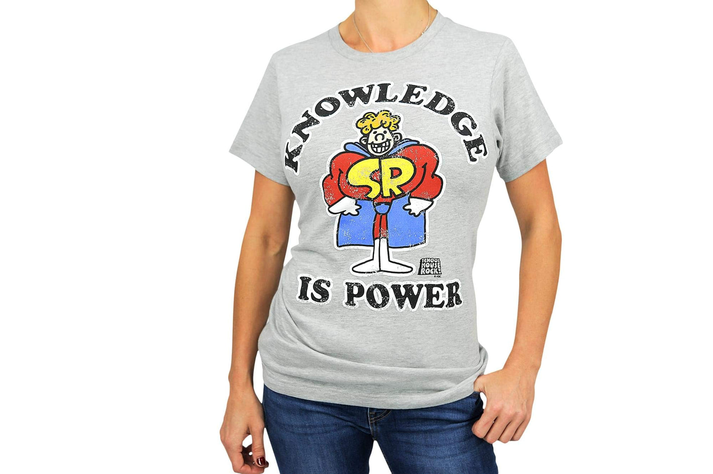 Schoolhouse Rock! Knowledge is Power Adult T-Shirt - Grey, Light-Weight, Short-Sleeve, Unisex, Crew Tee - Features Schoolhouse Rocky Caped Superhero