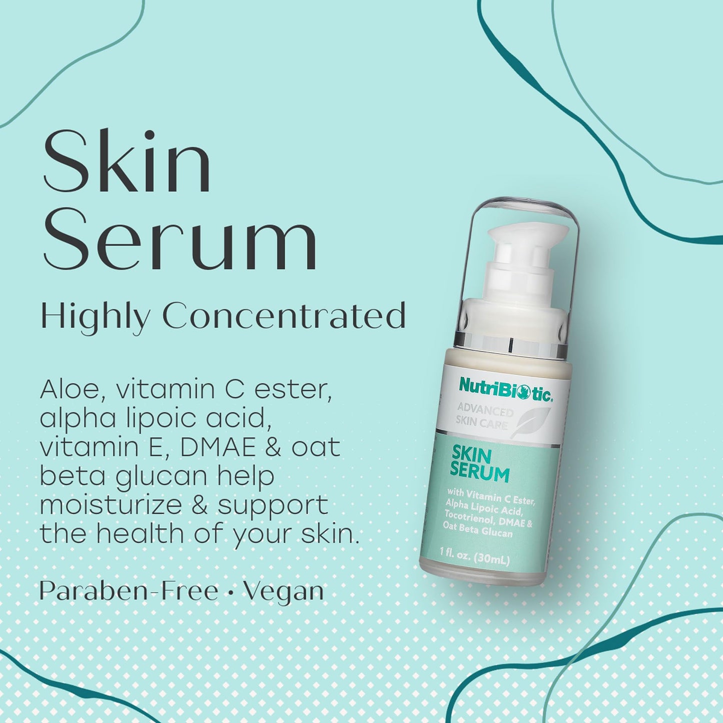 NutriBiotic Skin Serum, 1 Fl Oz | with Nutrients Oat Beta Glucan, Alpha Lipoic Acid, Vitamin C Ester, Tocotrienols & DMAE | Super Concentrated