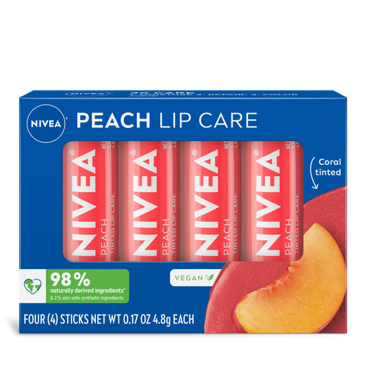NIVEA Peach Lip Care, Tinted Lip Balm Pack with Shea Butter, Nourishing Oils and Vitamin C & E, 3-in-1 Moisture, Repair and Color, 0.17 Oz Stick, Pack