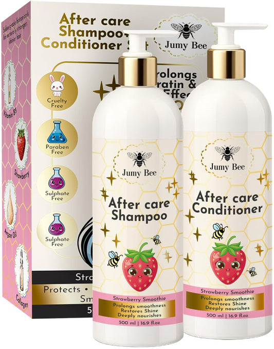 Jumybee After Care Anti-Frizz Shampoo and Conditioner Set - Strawberry Smoothie - Prolongs Keratin & Hair BTX Results - Collagen, Argan Oil, Vitamin