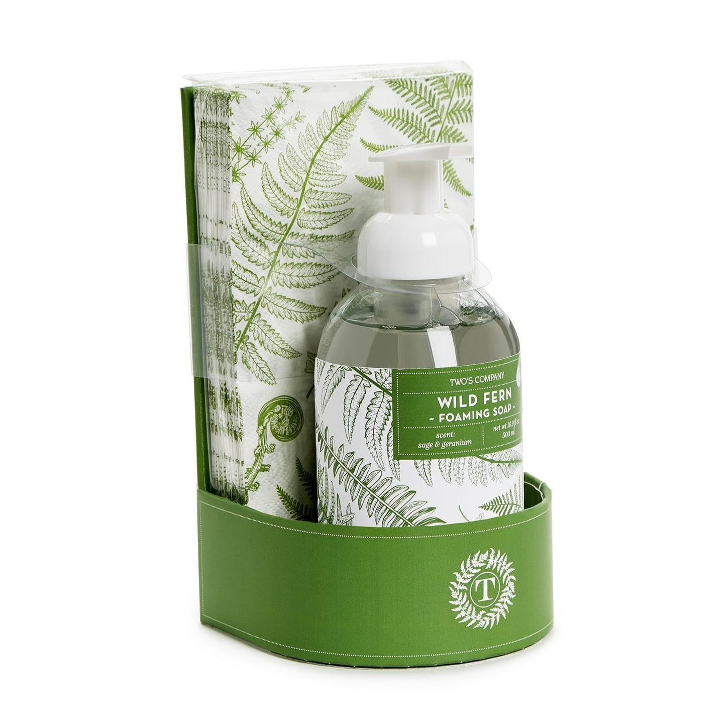 Two's Company Wild Fern Foaming Hand Soap 16.9 oz with 20 Disposable Guest Towels - Sage Geranium Scent Bathroom Set