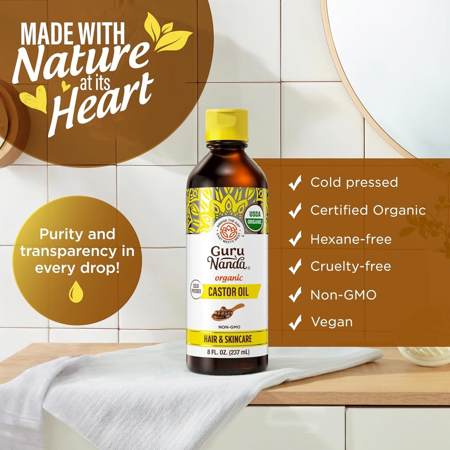 GuruNanda Castor Oil Organic USDA Certified (8 Fl oz) - 100% Pure & Natural, Cold Pressed & Hexane-Free, Hydrating Carrier Oil for Skin, Hair