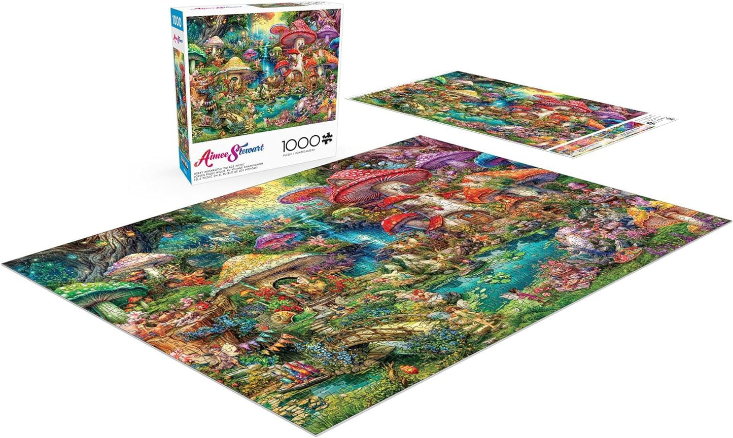 Buffalo Games 1000 Piece Jigsaw Puzzle – Aimee Stewart Merry Mushroom Village Picnic, Challenging Puzzle for Adults, 26.75" x 19.75"