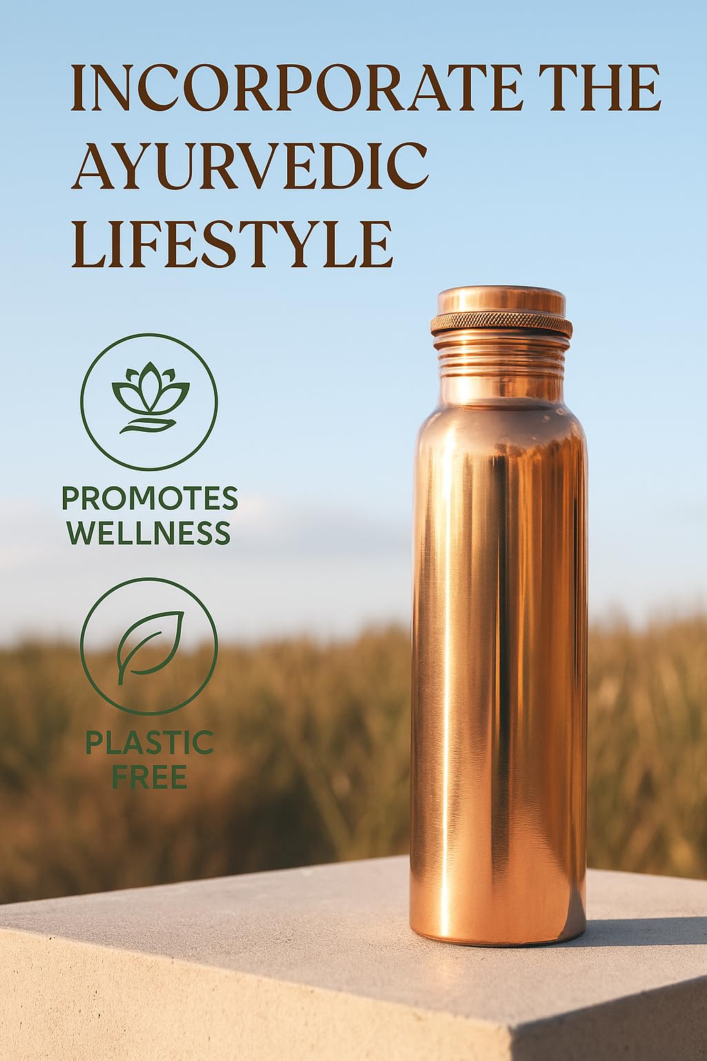 Copper Water Bottle 32oz (11” Tall x 3” Diameter) - 100% Pure Copper, Leak-Proof Cap, Handcrafted Ayurvedic Drinking Vessel for Daily Hydration