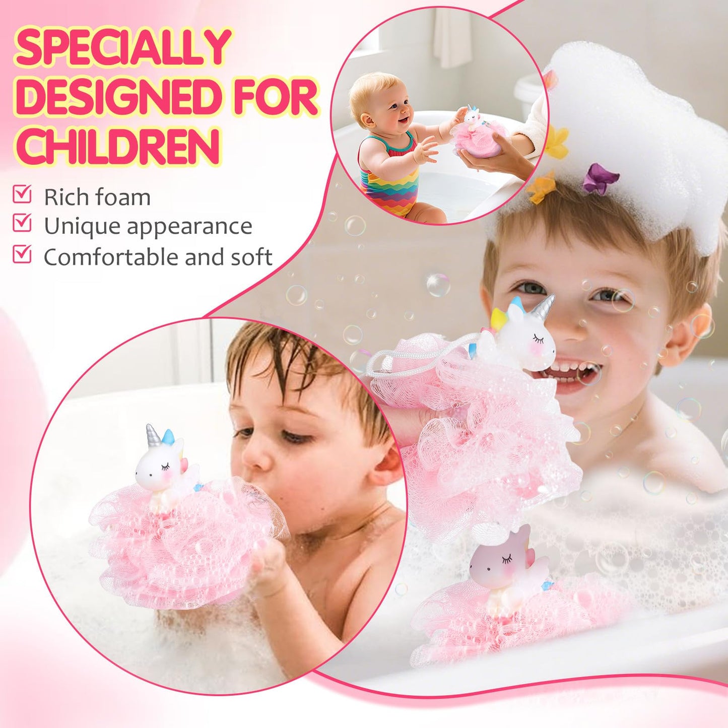 Gatuida 2pcs Bath Loofahs Kids Toddler Cute Cartoon Unicorn Shower Loofah Bath Sponges Pouf Body Scrubber Mesh Sponges for Children Shower Washing Beauty and Personal Care Gatuida