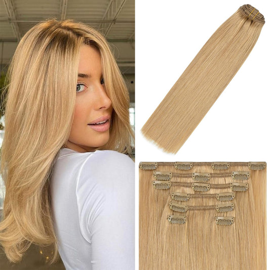 WindTouch Clip in Hair Extensions Remy Hair Honey Blonde For Black Women 20Inch 75g Soft Clip Ins #27 7PCS Gift For Women