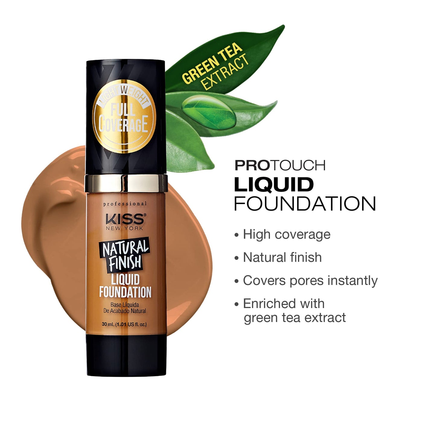 Kiss New York Professional Liquid Foundation - Lightweight and Hydrating Formula, Natural Finish, Control Shine, Cover Pores, Medium to Full Coverage