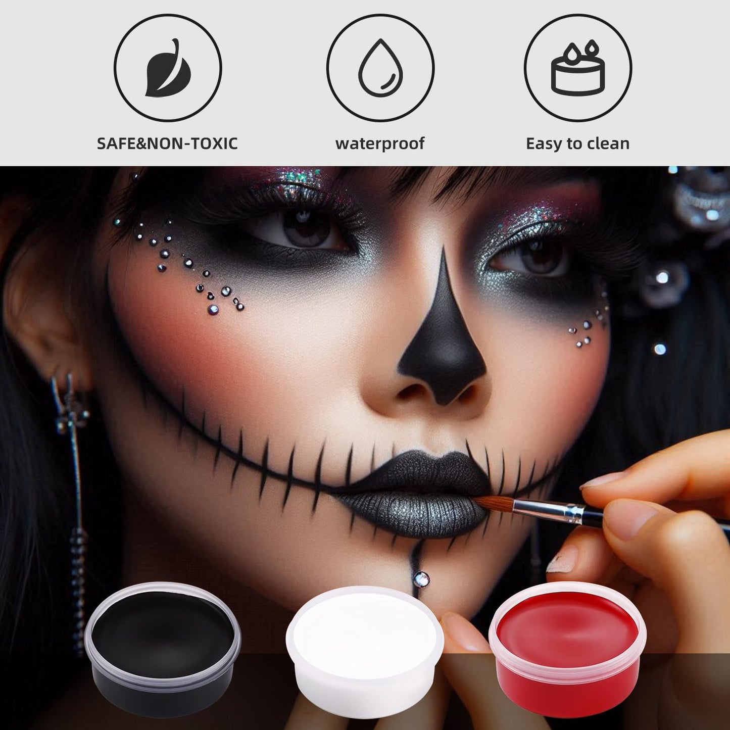 Clown Makeup Kit, White Black Red Face Body Paint Set, Halloween Clown Joker Makeup Kit, Professional Black, White and Red Face Painting Kit