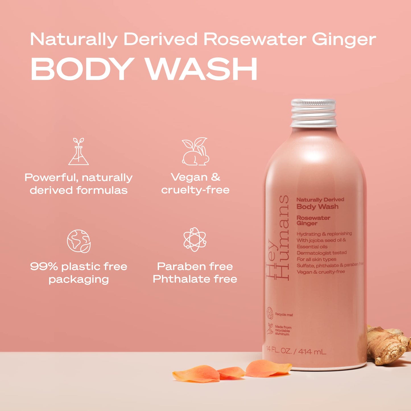 Hey Humans Rosewater Ginger Moisturizing Body Wash with Natural Ingredients & Jojoba Oil | Clean, Vegan, Sulfate Free Bath & Body Wash for Women |