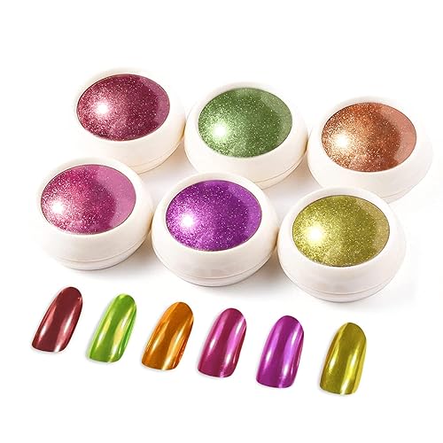 BISHENGYF 6 Box Chrome Nail Powder, Chrome Effect Nail Powder Set, Shiny Nail Glitter Powder with Magic Mirror Effect for Nail Art Design