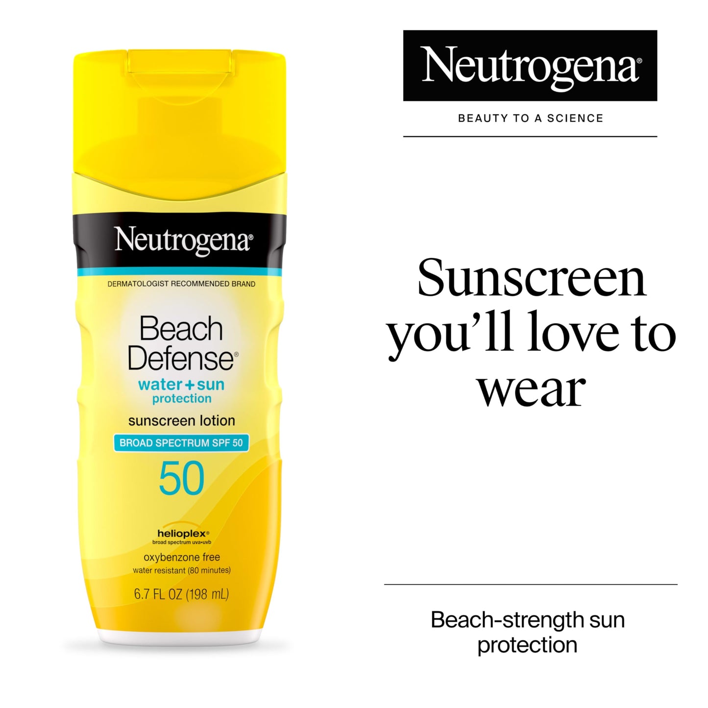 Neutrogena Sunscreen Lotion Beach Defense SPF 50, Face and Body Sunscreen, Hawaii Reef Act 104 Compliant, Octinoxate & Oxybenzone Free, Oil Free, Fast