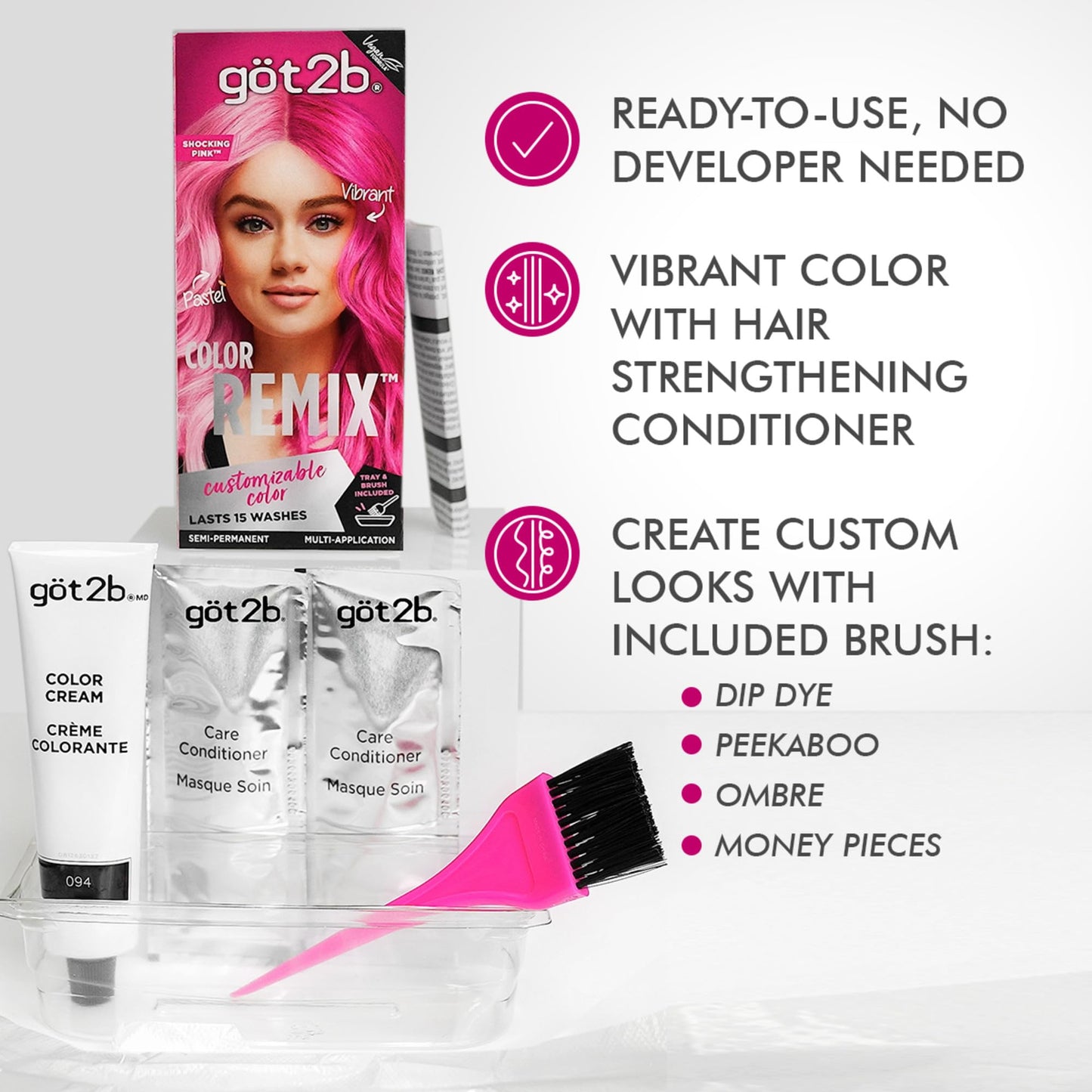 got2b Color Remix Semi-Permanent Hair Color, Shocking Pink 093, Customizable Temporary Hair Dye to Create A Vibrant or Pastel Shade, Easy At-Home