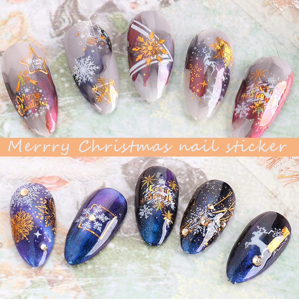 Christmas Nail Stickers, 3D Metal Gold Snowflake Nail Decals White Snowflake Elk Snowman Santa Claus Tree Christmas Bell Xmas Winter Nail Art Design