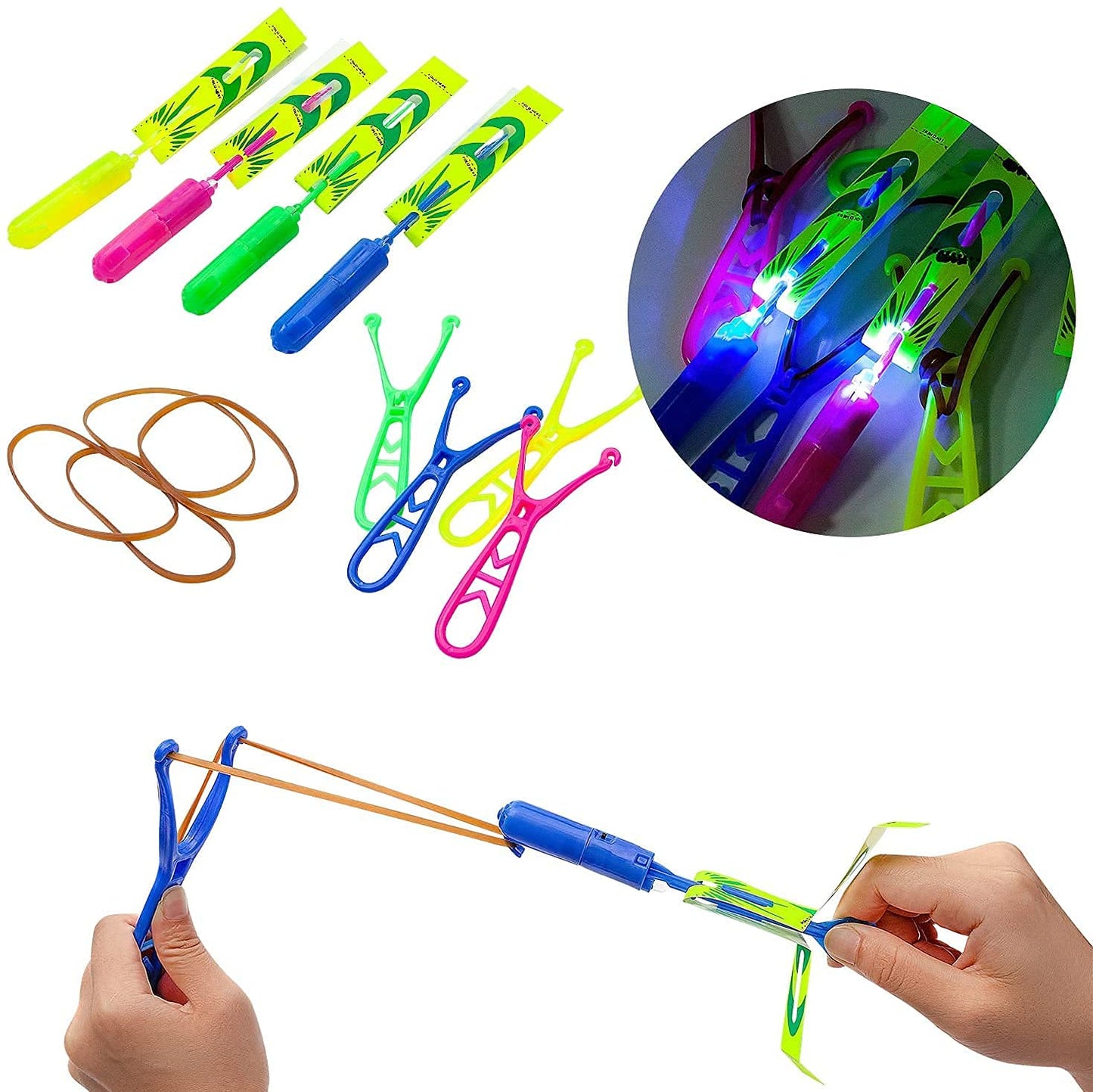 Rocket Copters Slingshot LED Light Up Helicopters, 6 Copters and 3 Launchers - As Seen on TV for Unisex Children