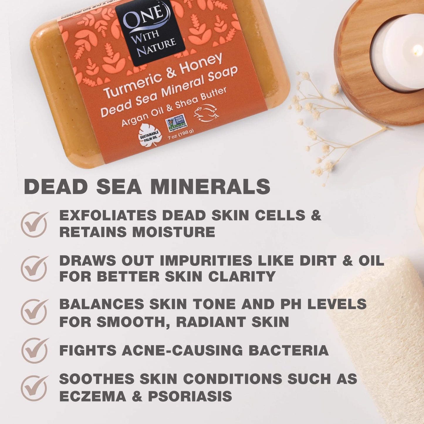 One With Nature Dead Sea Salt Turmeric Soap 7oz 3-Pack - Purifying and Exfoliating Soap Bar with Dead Sea Minerals and Honey for Face & Body, for Men