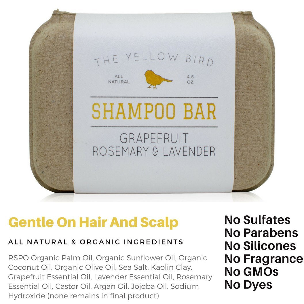 The Yellow Bird Solid Bar Shampoo Soap. Grapefruit, Rosemary, and Lavender. Mild Natural and Organic Ingredients. Sulfate Free. Gentle Scalp + Hair