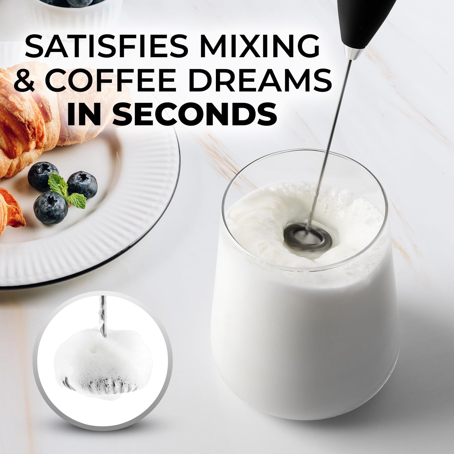 Zulay Kitchen Handheld Milk Frother Wand – Electric Drink Mixer with AA Batteries, Easy-Clean Whisk for Coffee, Lattes & Cappuccino, Black