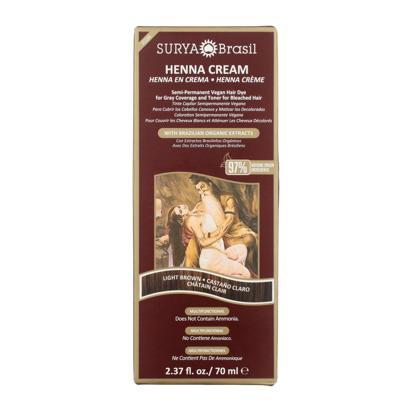 Surya Brasil Henna Cream Light Brown - 97% Natural Ingredients, Vegan, Cruelty-Free, Eco-Friendly, Semi-Permanent Hair Color, Deep Hydration & Shine