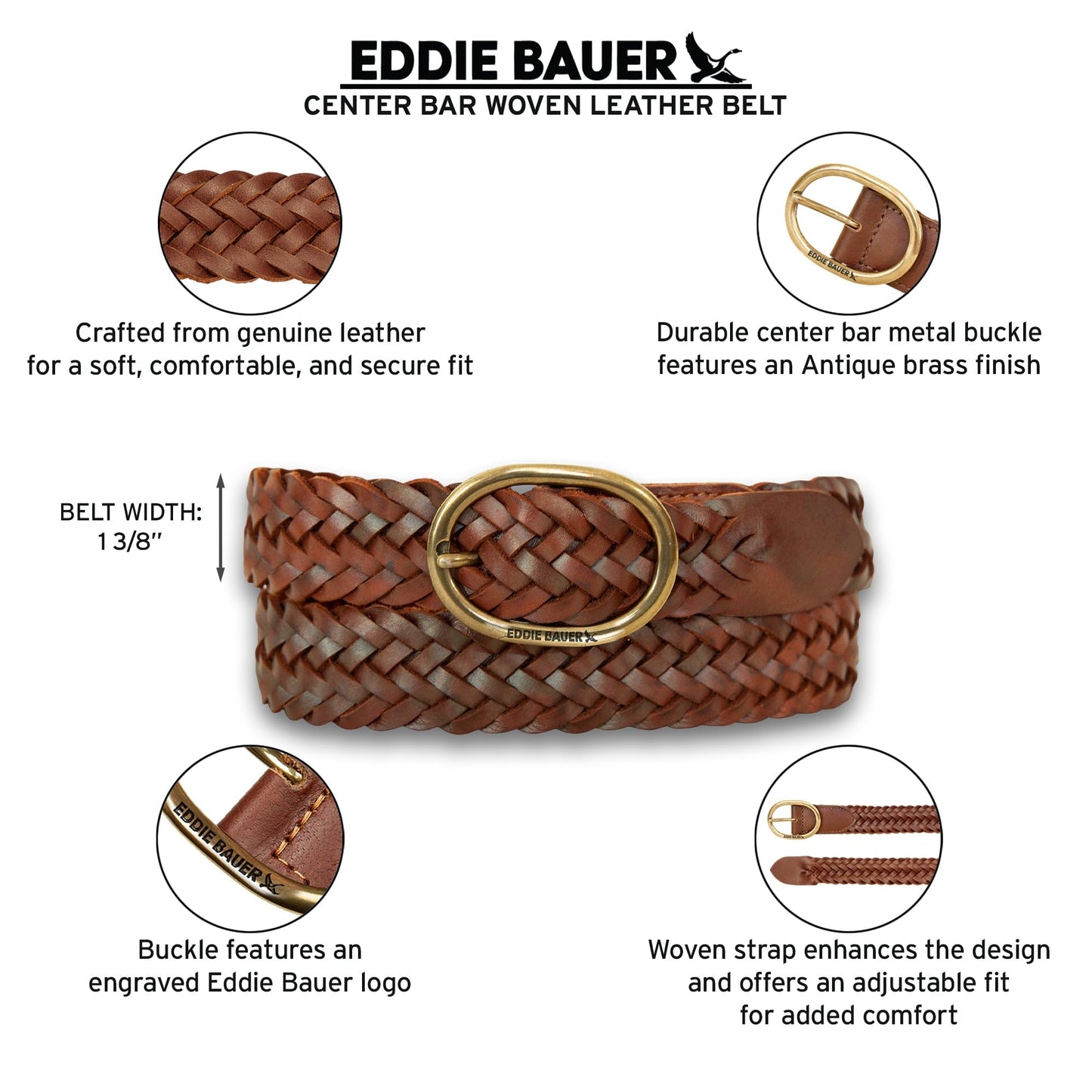 Eddie Bauer Women's Casual Leather Belts with Durable Metal Buckle, Center Bar Woven - Tan, Small