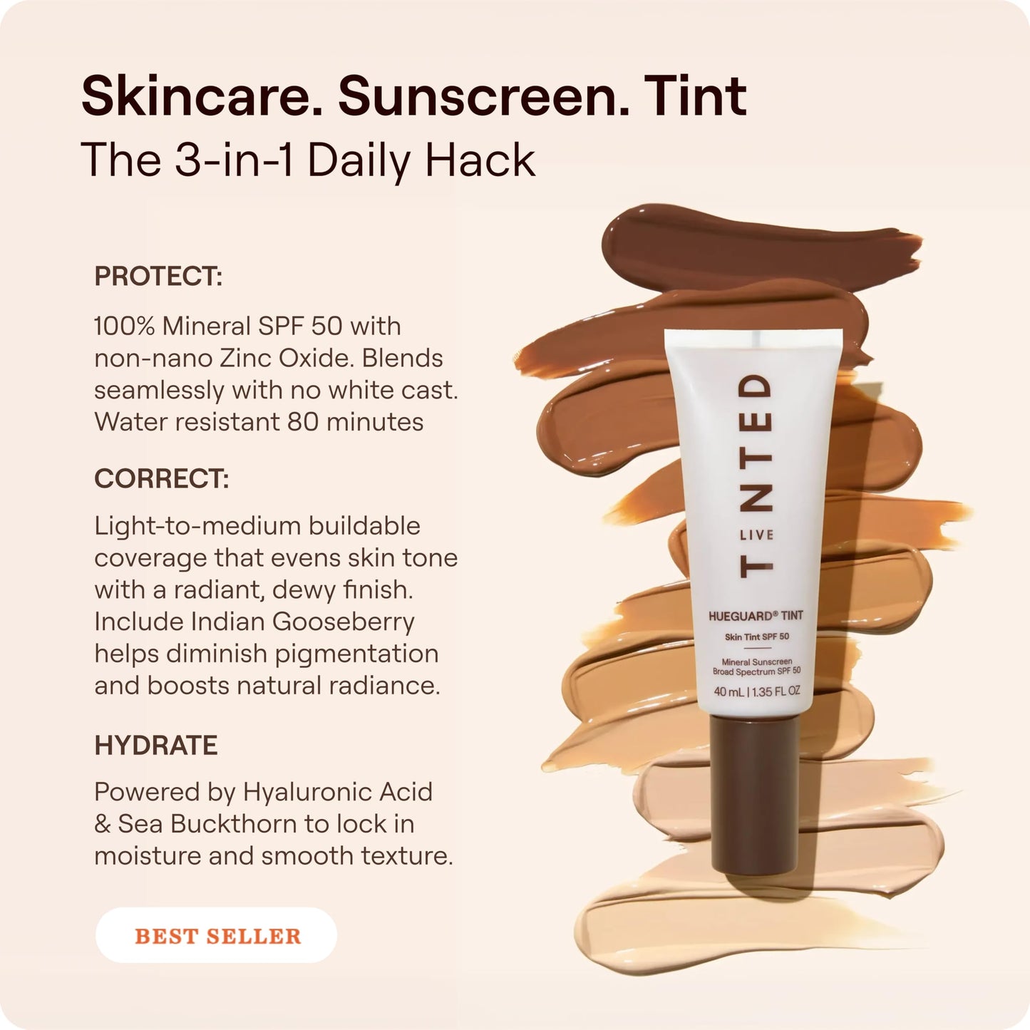 Live Tinted Hueguard Tinted Sunscreen SPF 50 - Mineral Sunscreen for Face, Skin Tint with Buildable Coverage, Dewy Glow Finish, Hydrating, Vegan