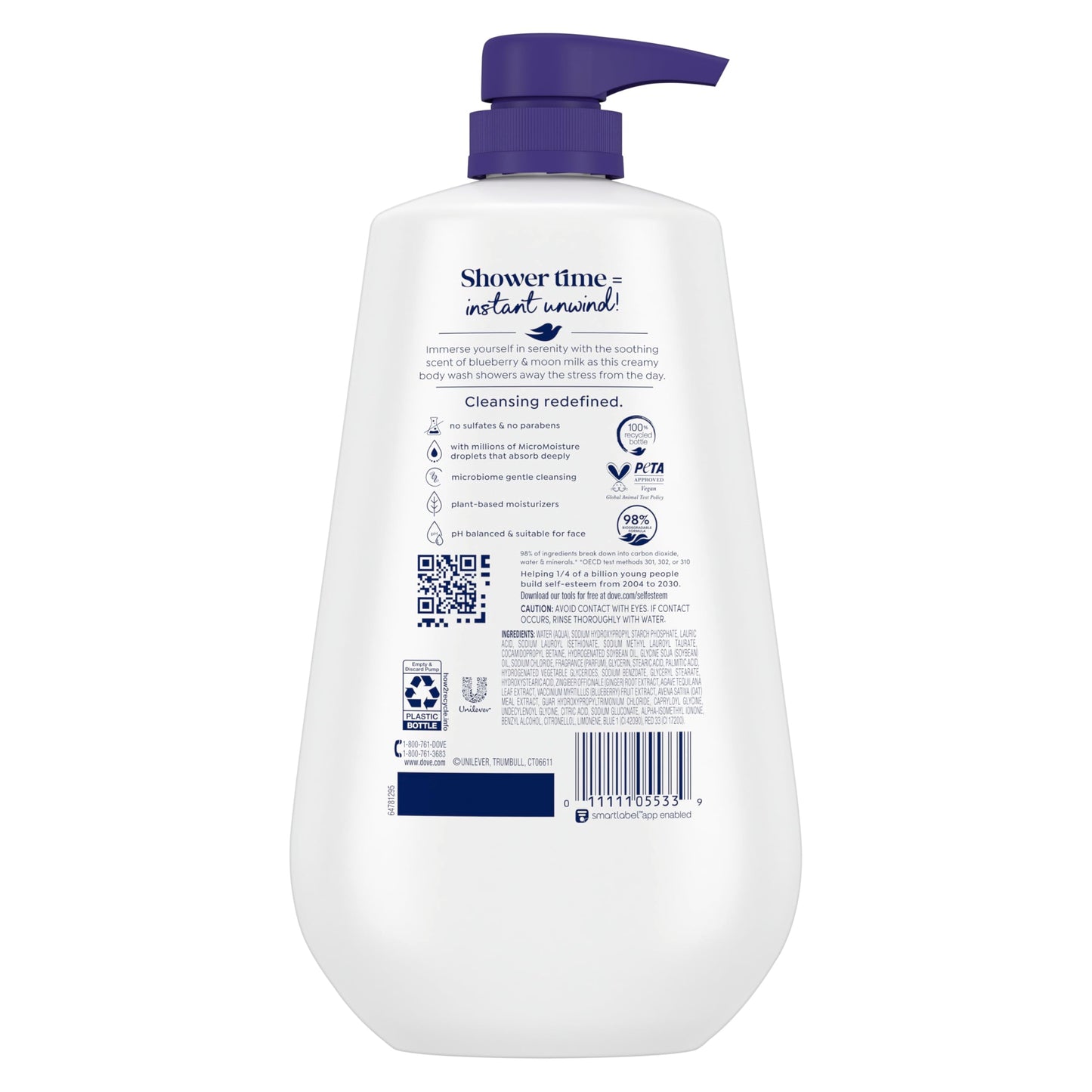 Dove Body Wash Unwind Blueberry & Moon Milk For 24hr Lotion-Soft Skin Moisturizing Skin Cleanser with No Sulfates No Parabens 30.6 oz Beauty & Personal Care Dove