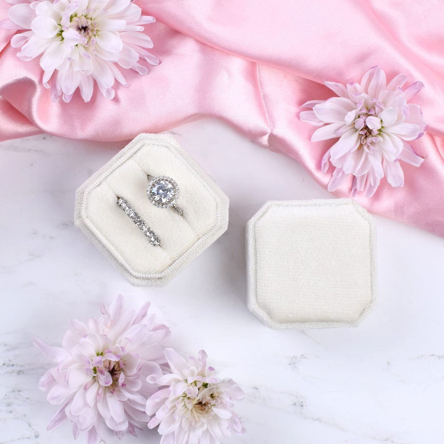 NicGor Velvet Ring Box Double Slots, Gift for Proposals Engagement and Wedding Band Photographs - Octagon Jewelry Ring Boxes (Beige)