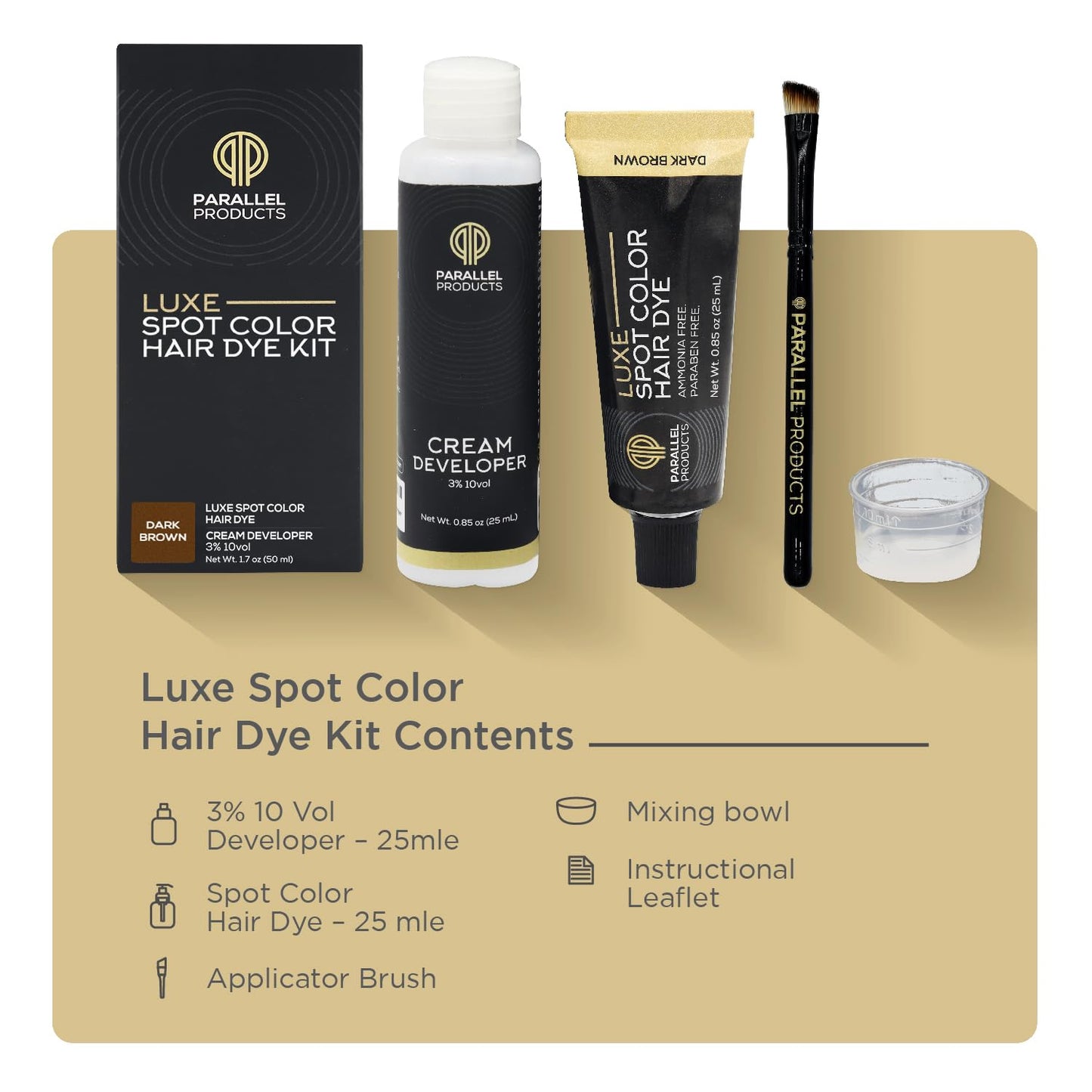 Parallel Products - Luxe Color (Dark Brown) - Cream Hair Dye - 25mL - Tint for Professional Spot Coloring - With Cream Developer, Mixing Dish