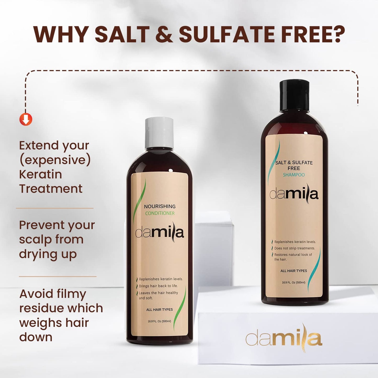 Damila Salt & Sulfate Free Shampoo & Conditioner for Keratin and Color Treated Hair - Professional Keratin Value Pack for Damaged, Frizzy, Curly, Dry