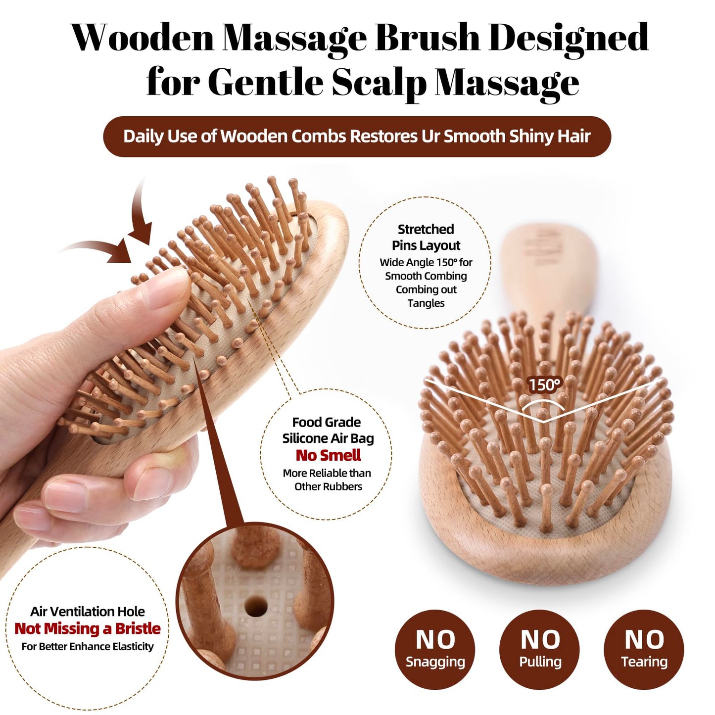 vklw Wooden Hair Brush and Comb, One-piece Design, Reduce Frizz and Static, Massage Scalp, Detangling Paddle Hairbrush for Women, Girls, Kids